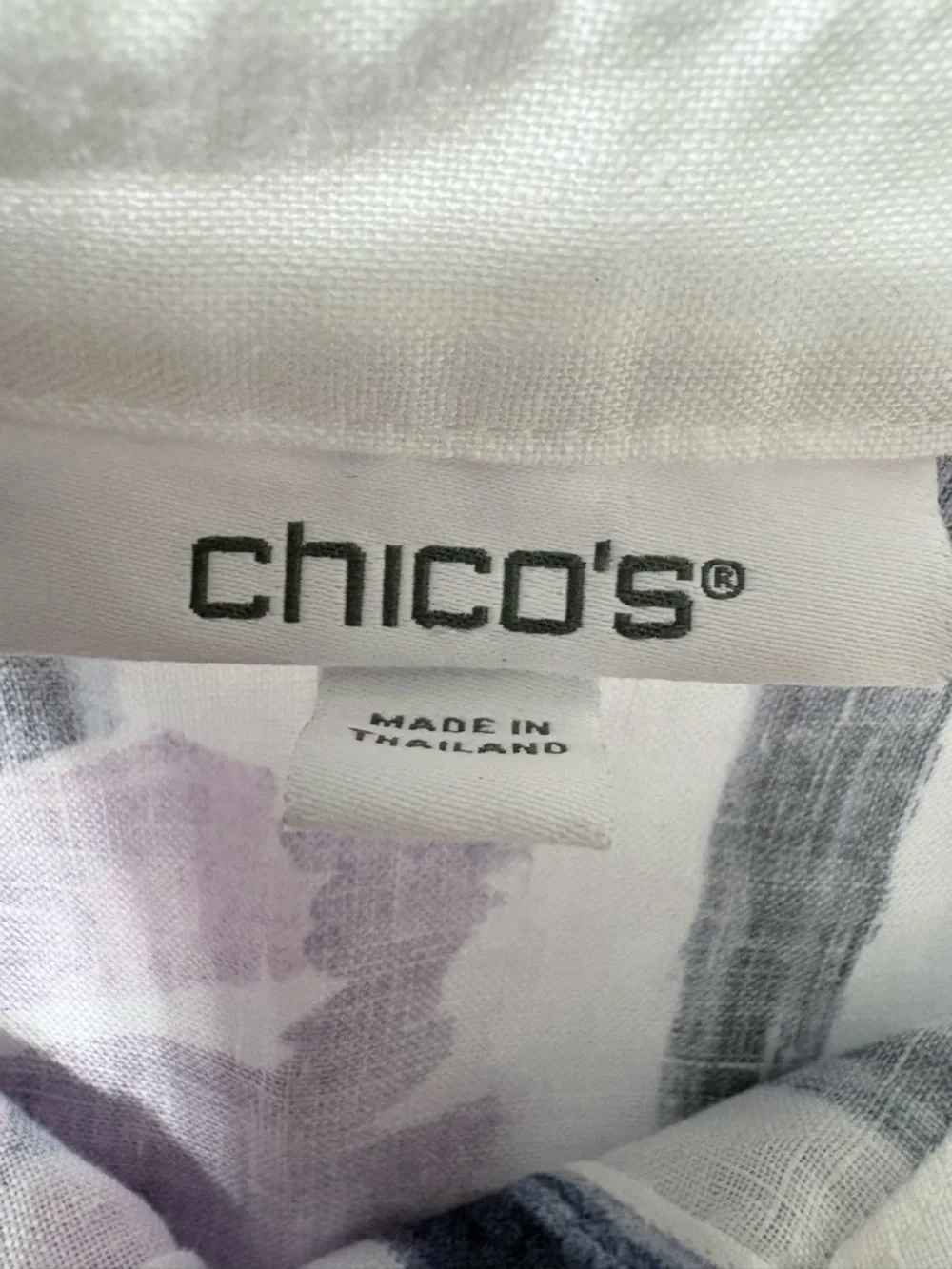 Chico’s Button-Down Linen Shirt with Purple Floral & Navy Stripe Roll Tab Sleeve - Picture 10 of 15